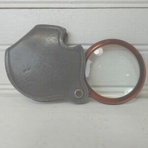 Vintage ATCO Folding Pocket Magnifying Glass USA Gray Leather Case Resin Frame